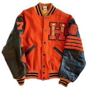VTG Varsity Letter Jacket Leather Sleeves Orange‎ Black Bulldog 70's Kaye Bros.